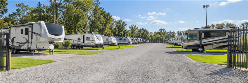 Outdoor RV storage at North Davis Self Storage in Warner Robins, GA